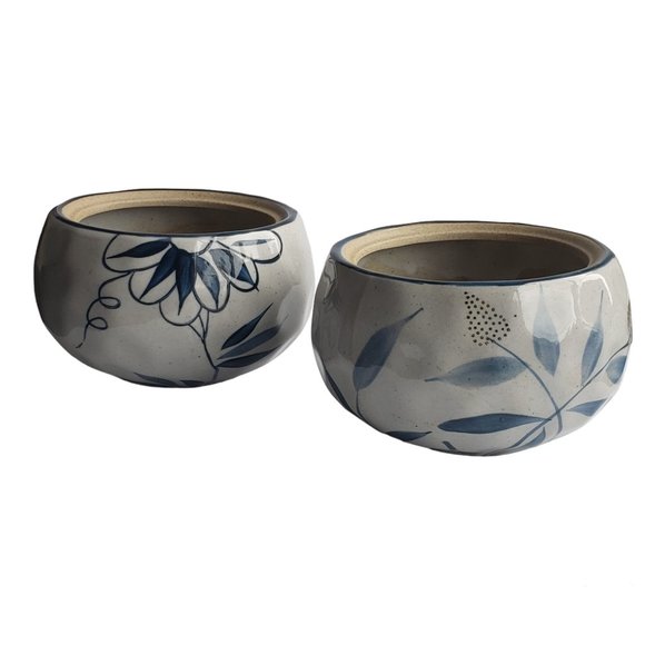 Round Grey & Blue Japanese Style Glazed Ceramic Planters ~ For Bonsai Succulents - Picture 1 of 9